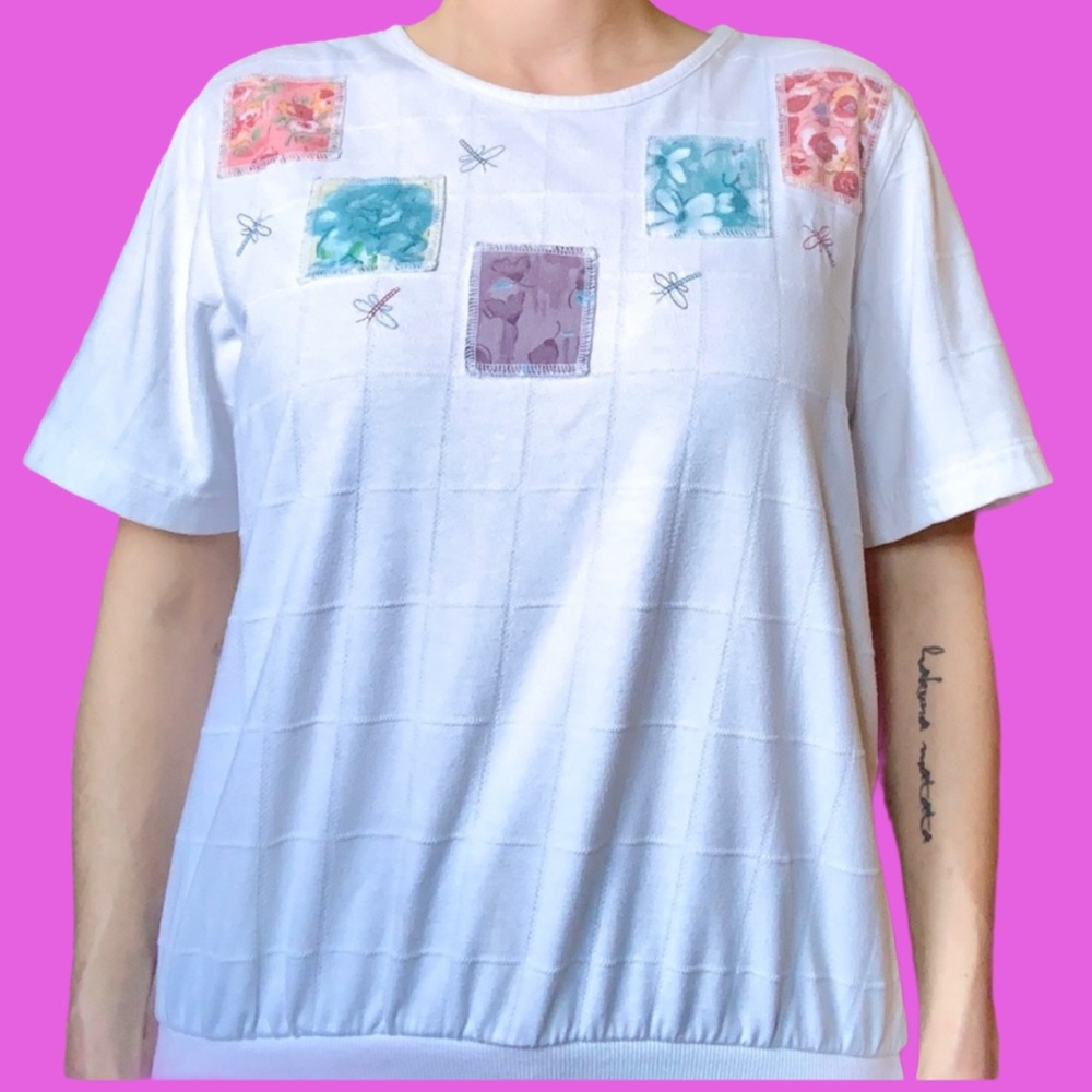 Vintage Pastel Floral Cross-stitched Patch Blouse